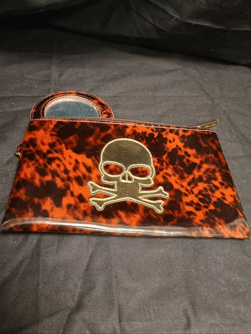 LOLO Tortoise Shell Patent Leather Makeup Pouch W/ Applique Gold Skull & Mirror